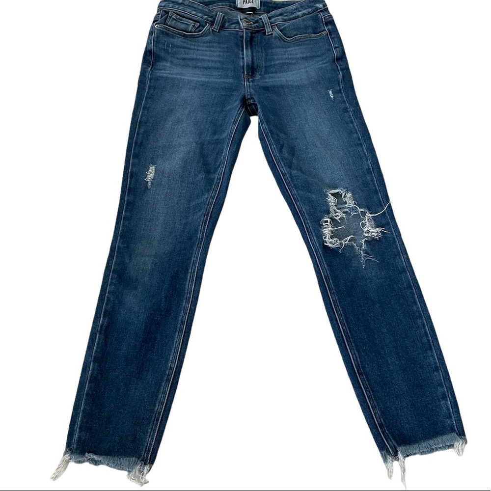 PAIGE Hoxton Ankle Jeans Destroyed Knee Frayed Hem High Waist Medium Wash Sz 27